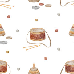 Pattern of vintage toys, drum, pyramid cubes blocks. Hand-drawn watercolor illustration in childish style. Seamless print isolated from background for textiles fabrics baby clothes wallpaper packaging