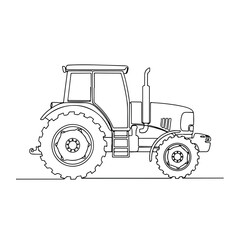 Obraz premium Outline tractor side view showcases agricultural machinery with minimalistic design, featuring tractor as central element in monochrome palette.