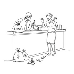 Bank robbery scene shows a robber demanding money from cashier while threatening at gunpoint. Bank robbery with robber holding moneybag with SWAG writing.