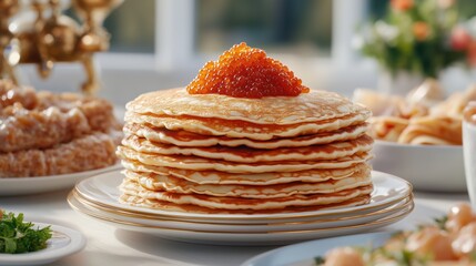 Golden pancake stack topped with red caviar on a festive Maslenitsa table. Perfect for food advertising, holiday promotions, Slavic cuisine themes