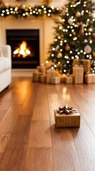 Naklejka premium A warm and inviting living room captures the essence of Christmas with a beautifully decorated fireplace, twinkling lights, and a lovely Christmas tree