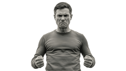 A portrait of an angry man clenching his fists.