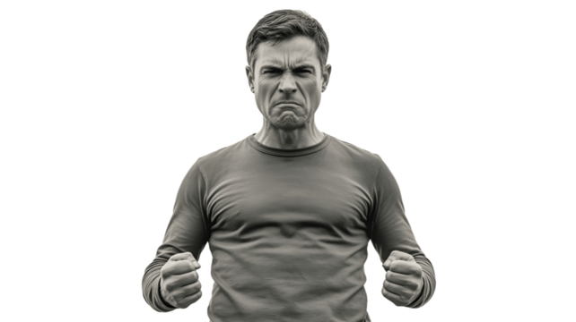 A portrait of an angry man clenching his fists.