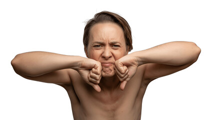 A person showing disapproval with thumbs down.