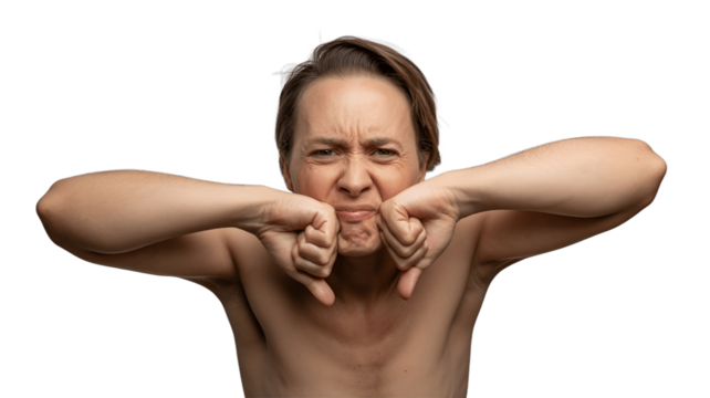 A person showing disapproval with thumbs down.