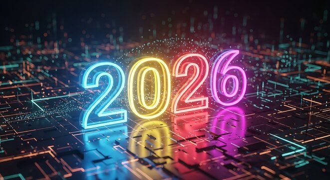 Illuminated Neon Numbers 2026 Shine Brightly On A Futuristic Digital Circuit Board, Symbolizing Progress And Innovation In The Coming Year