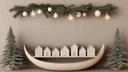 An arch-shaped shelf displays charming cardboard houses and vibrant green trees, illuminated by warm lights and surrounded by golden decorations for a festive atmosphere