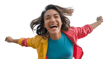 Joyful woman embracing happiness and freedom.