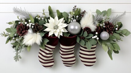 A vibrant Santa hat is featured as a door decoration, surrounded by colorful Christmas ornaments and pine cones, bringing a festive touch to the holiday season