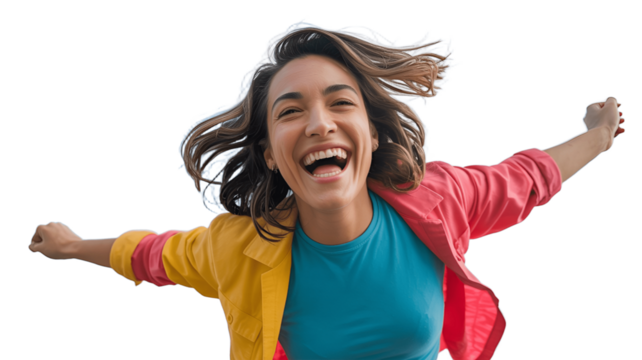 Joyful woman embracing happiness and freedom.