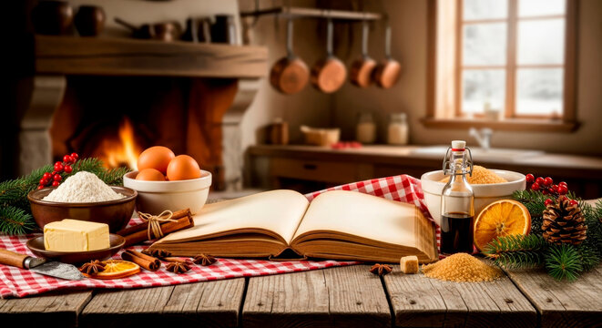  Cozy Christmas atmosphere in the kitchen with a book of Christmas recipes surrounded by dairy products, eggs, flour, fragrant spices for Christmas baking