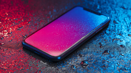 Wet Smartphone Display Under Vibrant Neon Pink and Blue Studio Lighting