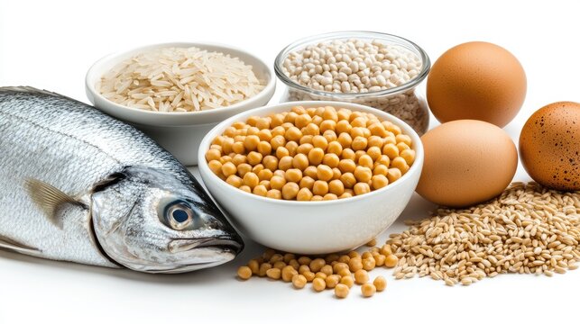 An array of fresh fish and eggs positioned alongside grains such as rice and millet, all arranged on a clean white surface, emphasizing their natural beauty