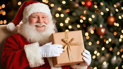A joyful Santa Claus sits in front of a festive Christmas tree, joyfully offering a wrapped gift box with one hand while displaying a cheerful smile, ready for the celebration