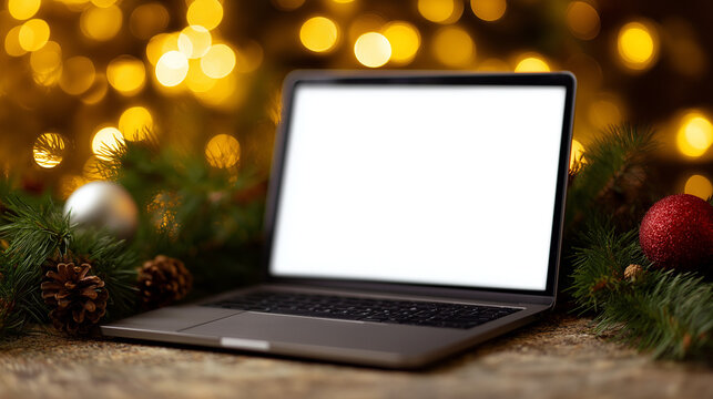 Mockup: Laptop with blank screen resting on holiday garland and rustic wood, illuminated by warm golden bokeh lights - Powered by Adobe