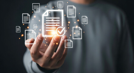 Hand Holding Digital Documents with Checkmark Data Management Information Workflow Cloud Storage File Security and