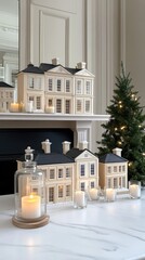 Naklejka premium White wooden houses and Christmas trees adorn the fireplace, illuminated by warm candle lights. Green pine boughs enhance the festive atmosphere, creating a cozy holiday setting
