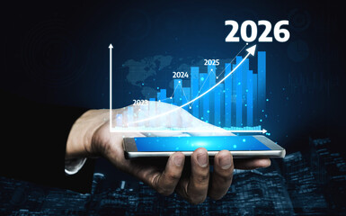 A hand holds a smartphone displaying a dynamic graph that illustrates growth projections for 2023 to 2026, set against a high-tech background. Tessel