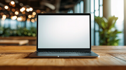 Modern Notebook Computer Display on Wood Table in Bright Coworking Space