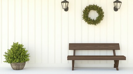 Wreaths made of LED lights and greenery hang on a minimalist wall, complemented by a wooden console showcasing beautifully wrapped gift boxes in a cozy setting