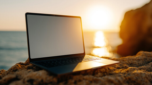 Portable computer on textured coastal rocks with sun setting over the ocean
