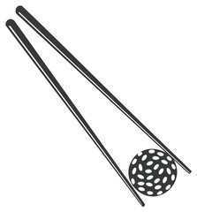 Silhouette chopsticks and golf ball represent Asian fusion food and sport hobby concepts