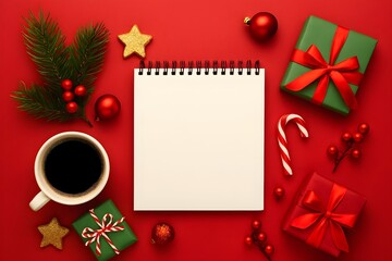 Christmas Flat Lay with Blank Notepad, Gifts, Decorations, and Coffee on Red Background