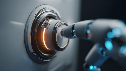 Futuristic ai robot hand interacting with high-tech interface for innovation and technology design