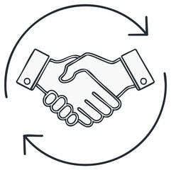 Naklejka premium Handshake icon in circle with arrows, business partnership agreement concept, collaboration and teamwork illustration, vector line art
