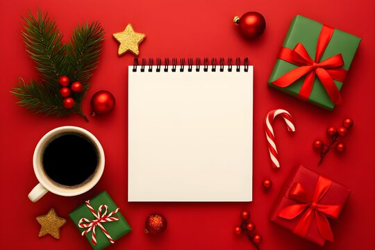 Christmas Flat Lay with Blank Notepad, Gifts, Decorations, and Coffee on Red Background