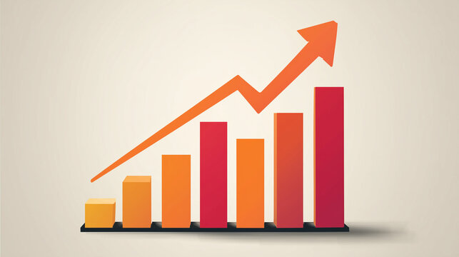 Gr&aacute;fico de barras em tons quentes com seta apontando para cima, representando alta no mercado, lucro, expans&atilde;o financeira, crescimento corporativo e resultados positivos