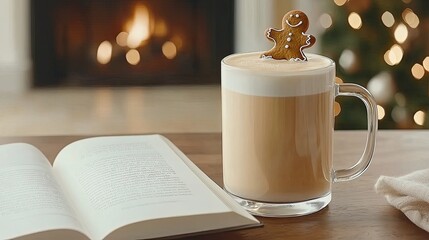 A warm and inviting scene features an open book on a table, accompanied by milk and gingerbread cookies, while a beautifully adorned Christmas tree adds to the cozy atmosphere