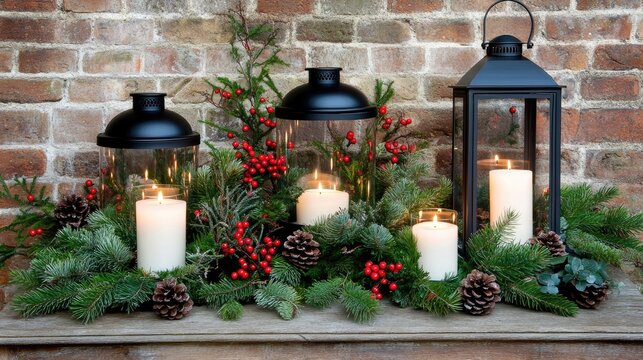 A beautifully arranged black lantern with lit candles sits among pine cones and greenery on a fireplace shelf, enhancing the festive atmosphere of the space during the holidays - Powered by Adobe