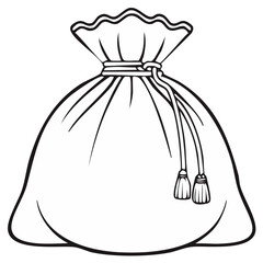 Simple Black and White Outline Drawing of a Drawstring Pouch with Tassels
