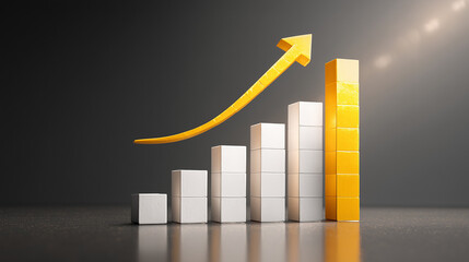 Business growth concept with ascending bars and upward arrow, symbolizing financial success, progress and positive performance trends in markets, investment and corporate strategy