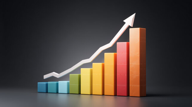 Gr&aacute;fico de barras coloridas com seta ascendente, representando crescimento, progresso financeiro, metas atingidas, sucesso corporativo e desempenho positivo