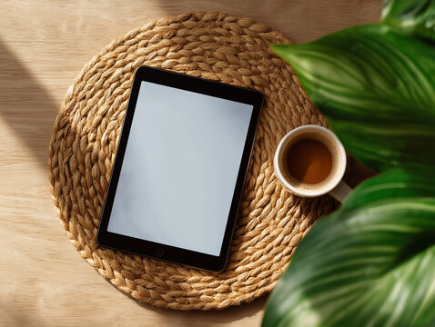 Digital tablet mockup with coffee and greenery on a rustic woven surface