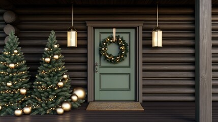 A charming Christmas entrance features a green wreath with lights above black doors. Tinsel trees and candles create a warm and inviting atmosphere in a rustic wooden cabin