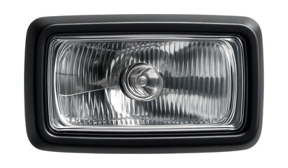 Rectangular halogen headlight with black casing and reflective surface.
