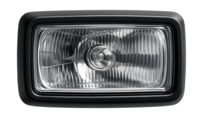 Rectangular halogen headlight with black casing and reflective surface.