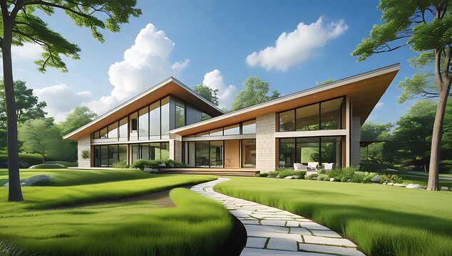 Modern luxury home with unique angled roof and lush green landscaping