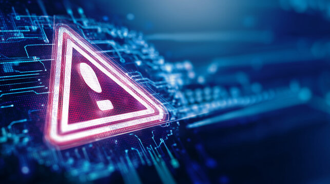 Glowing digital warning icon in a futuristic circuit environment, symbolizing system alerts, cyber risks, data protection, cybersecurity measures and advanced technological security