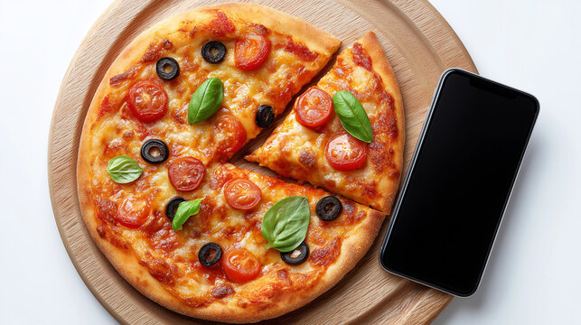 Pizza slices with cherry tomatoes, olives, and basil on a wooden platter beside a mobile phone