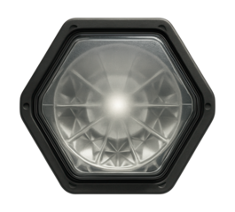 Hexagonal multi-reflector headlight featuring a frosted lens and plastic housing.