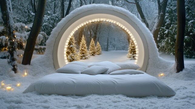 A round window adorned with a white frame displays a snowy forest, while a small Christmas tree with twinkling lights stands cozy inside, complemented by soft blankets and warm candlelight - Powered by Adobe