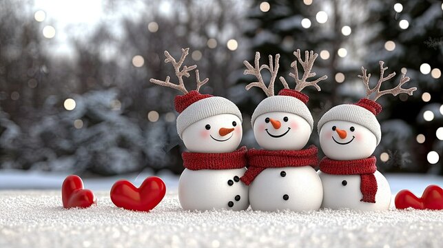 Three adorable snowmen smile brightly, dressed in white beanie hats and red scarves, as they gather in a snowy winter wonderland surrounded by red hearts - Powered by Adobe