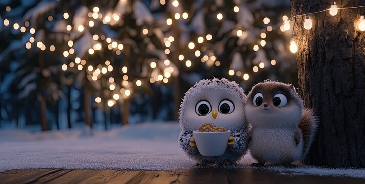 In a warm cave surrounded by snow-covered trees, a cute owl sips coffee with cookies while a curious squirrel watches eagerly. The atmosphere radiates comfort and delight.