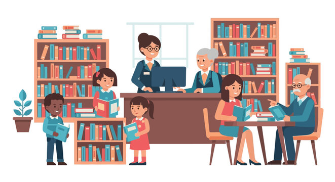 Illustration of people reading in a library with bookshelves and librarians.