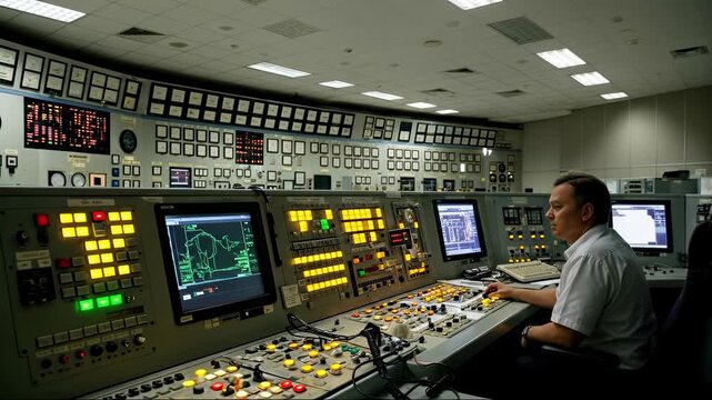 Male engineer monitors a complex control panel with many screens and buttons inside a nuclear power plant control room