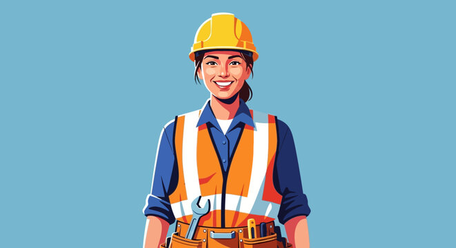 Smiling female construction worker in hard hat and safety vest.